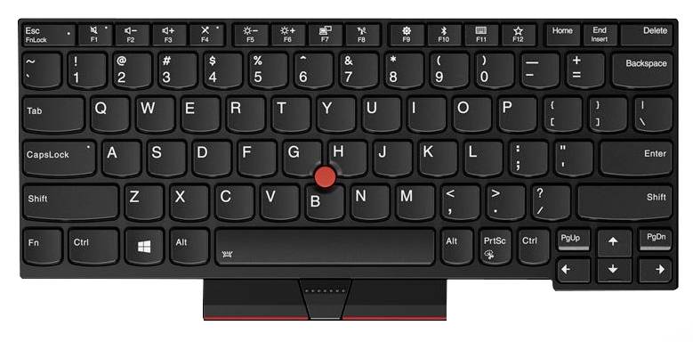 Pogled odozgo na tipkovnicu prijenosnog računala s crvenom TrackPoint kuglom u sredini i dodirnom pločom ispod, prikazujući standardne tipke uključujući Enter, Shift i tipke sa strelicama.