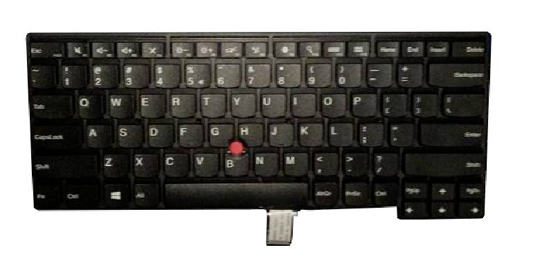 Pogled odozgo na crnu tipkovnicu prijenosnog računala s crvenim TrackPointom u sredini i srebrnom USB адаптером umetnuto na donjoj strani.