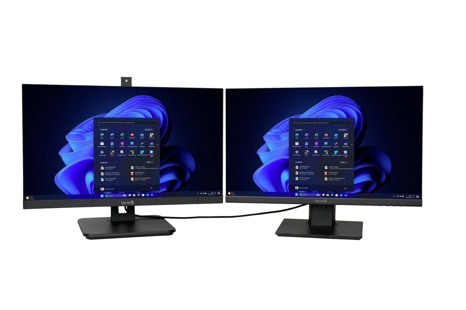 Dva zakrivljena monitora postavljenih jedan pored drugoga prikazuju Windows 11 radnu površinu na bijelim postoljima, što pokazuje dual-screen računalnu konfiguraciju.
