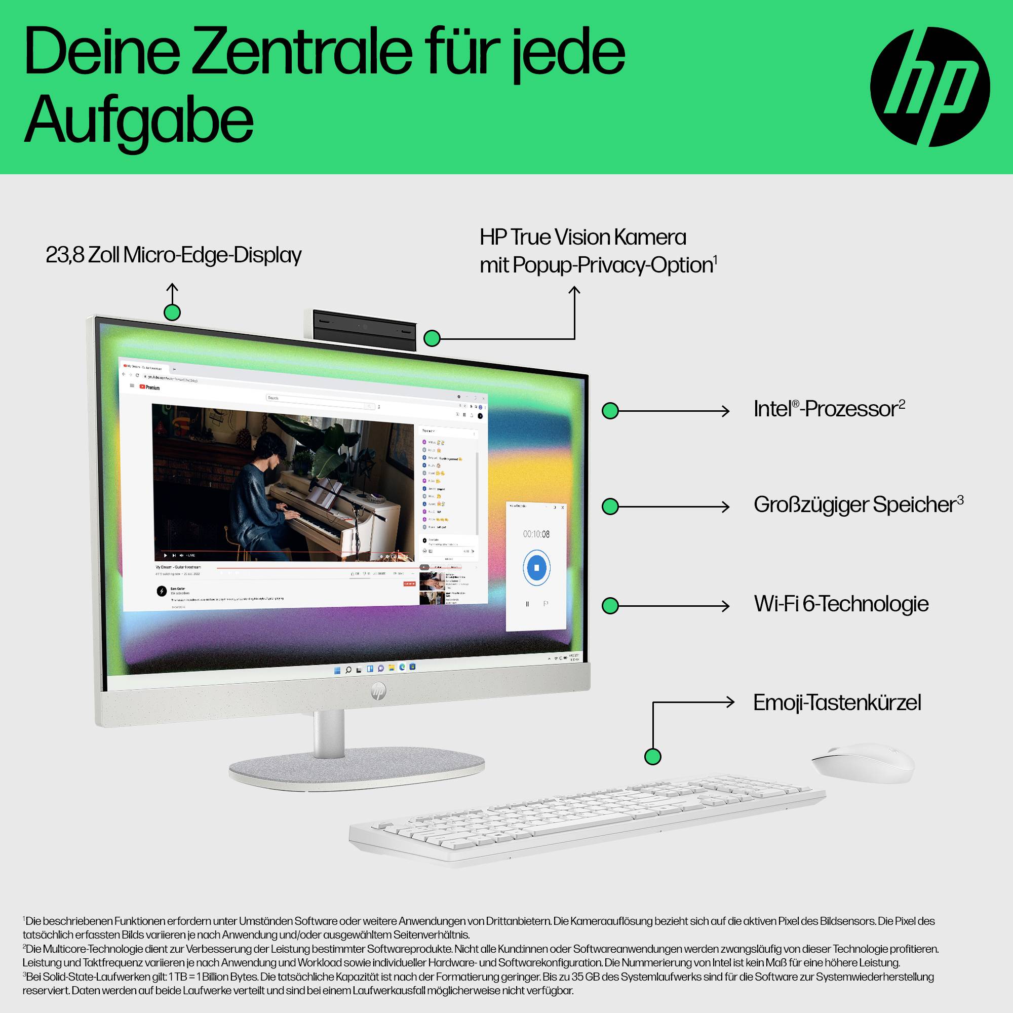 HP all-in-one desktop prikazan s 23,8-inčnim ekranom ultra tankih rubova, iskačućom kamerom za privatnost, Intel procesorom, obilnom pohranom, Wi‑Fi 6 i tipkovnicom s prečacima za emoji.