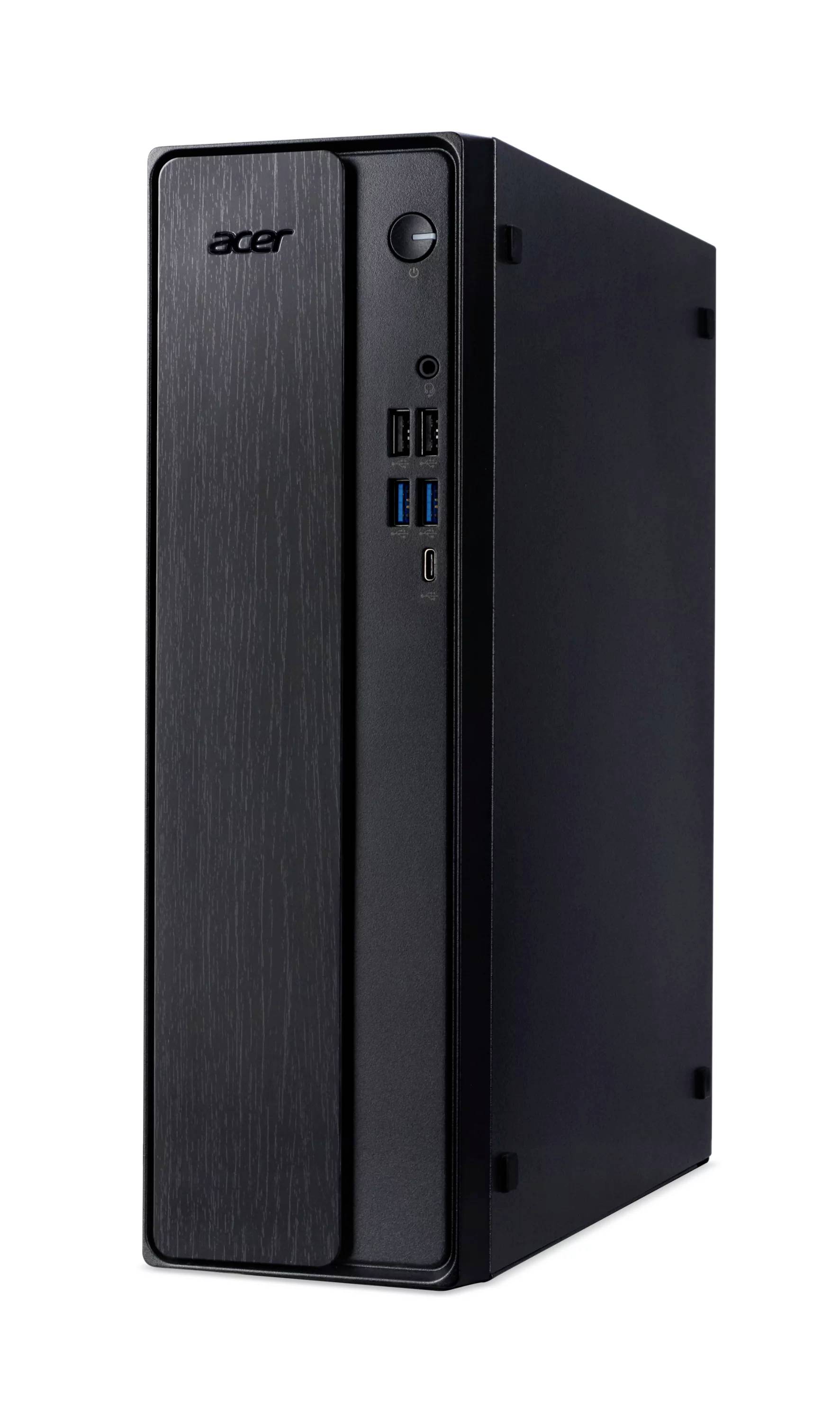 Acer kompaktan stolni toranj računala u crnoj boji, prikazan u frontalnom pogledu s USB portima na prednjoj strani i gumbom za uključivanje.