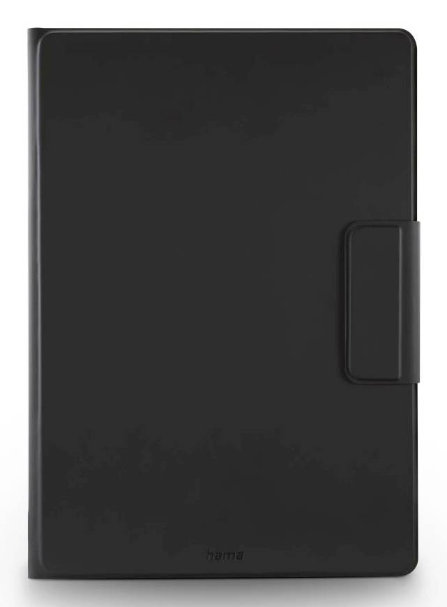 Crna Hama futrola za tablet ili poklopac u obliku knjige prikazan zatvoren, s detaljima kopče ili ručke na desnoj strani.