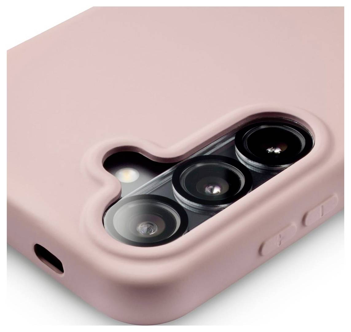 Roza futrola za pametni telefon s izrezom koji pokazuje modul trostruke stražnje kamere i bljesak