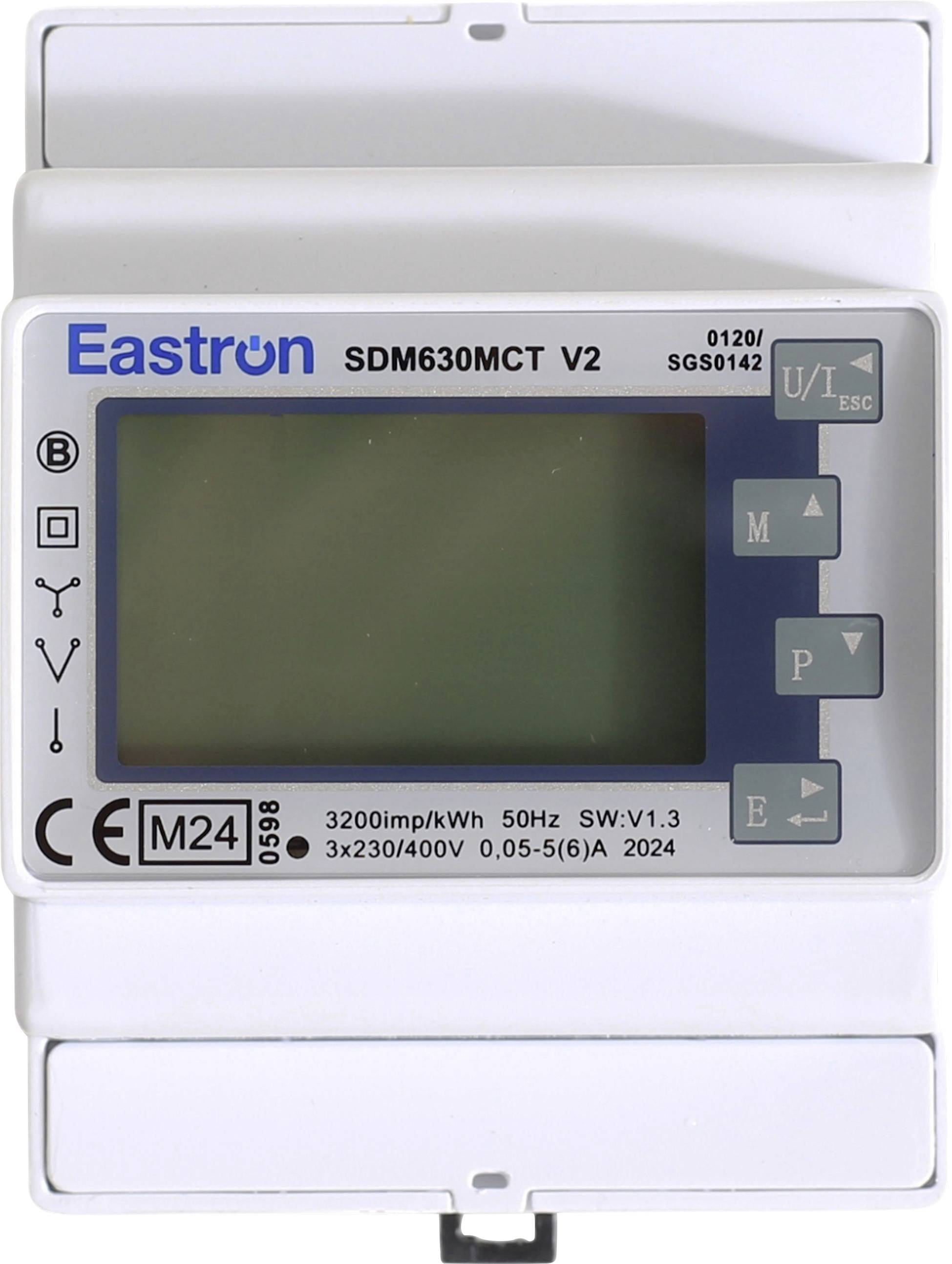 Digitalni brojač električne energije označen s "Eastron SDM630MCT V2" s praznim zaslonom i četiri bočna gumba.