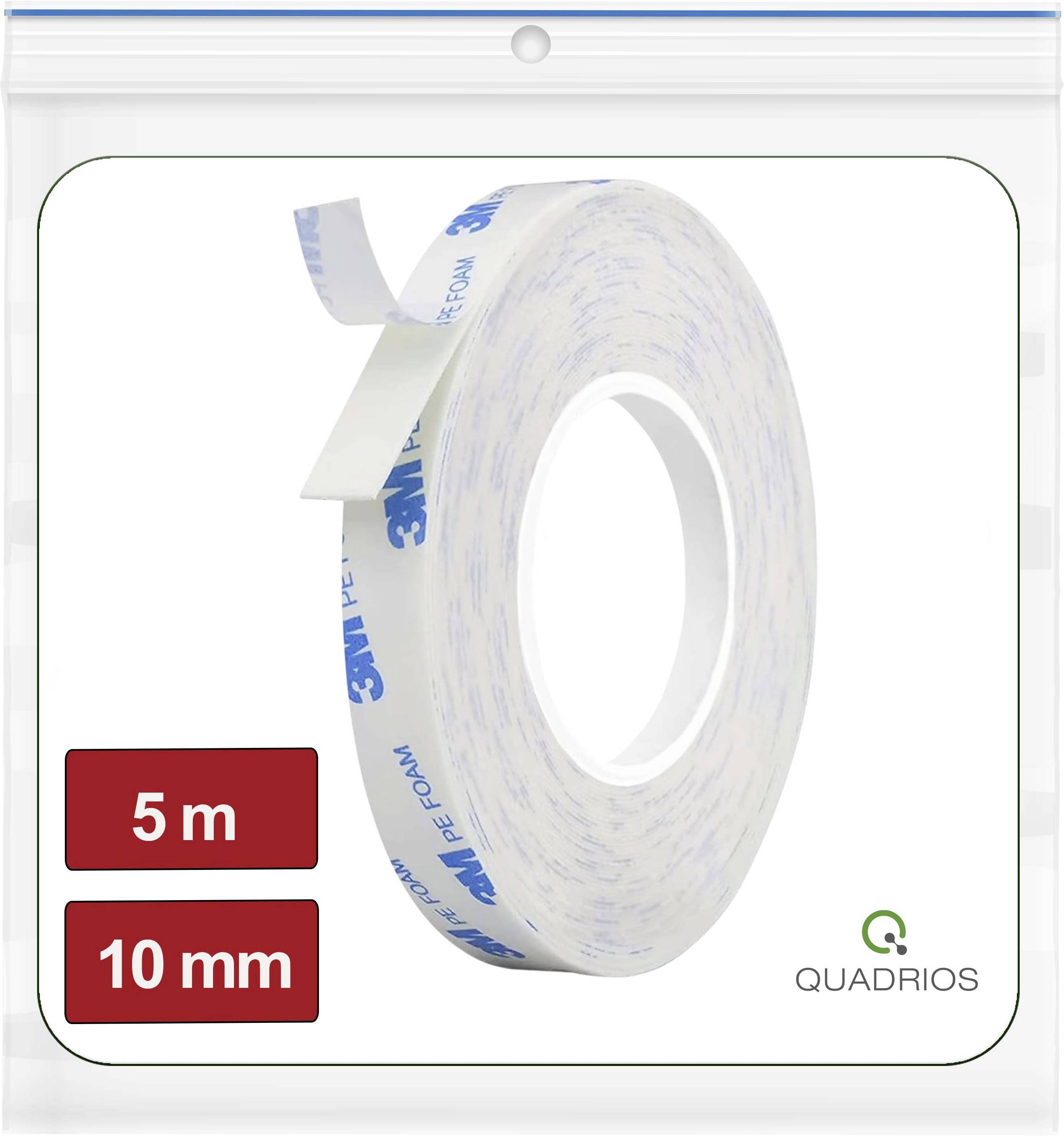 Slika proizvoda white pjenaste samoljepljive trake u roli marke '3M', s oznakama veličine '5 m' i '10 mm' i logotipom Quadrios.