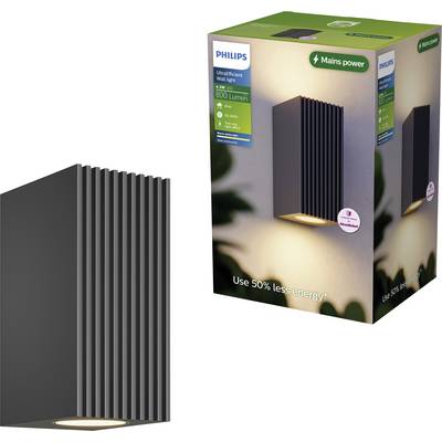 Philips UltraEfficient zidna lampa prikazana pored kutije proizvoda, crna LED armatura sa rebrima sa toplom svjetlošću usmjerenom prema dolje i naljepnicom 'Napajanje iz mreže'.