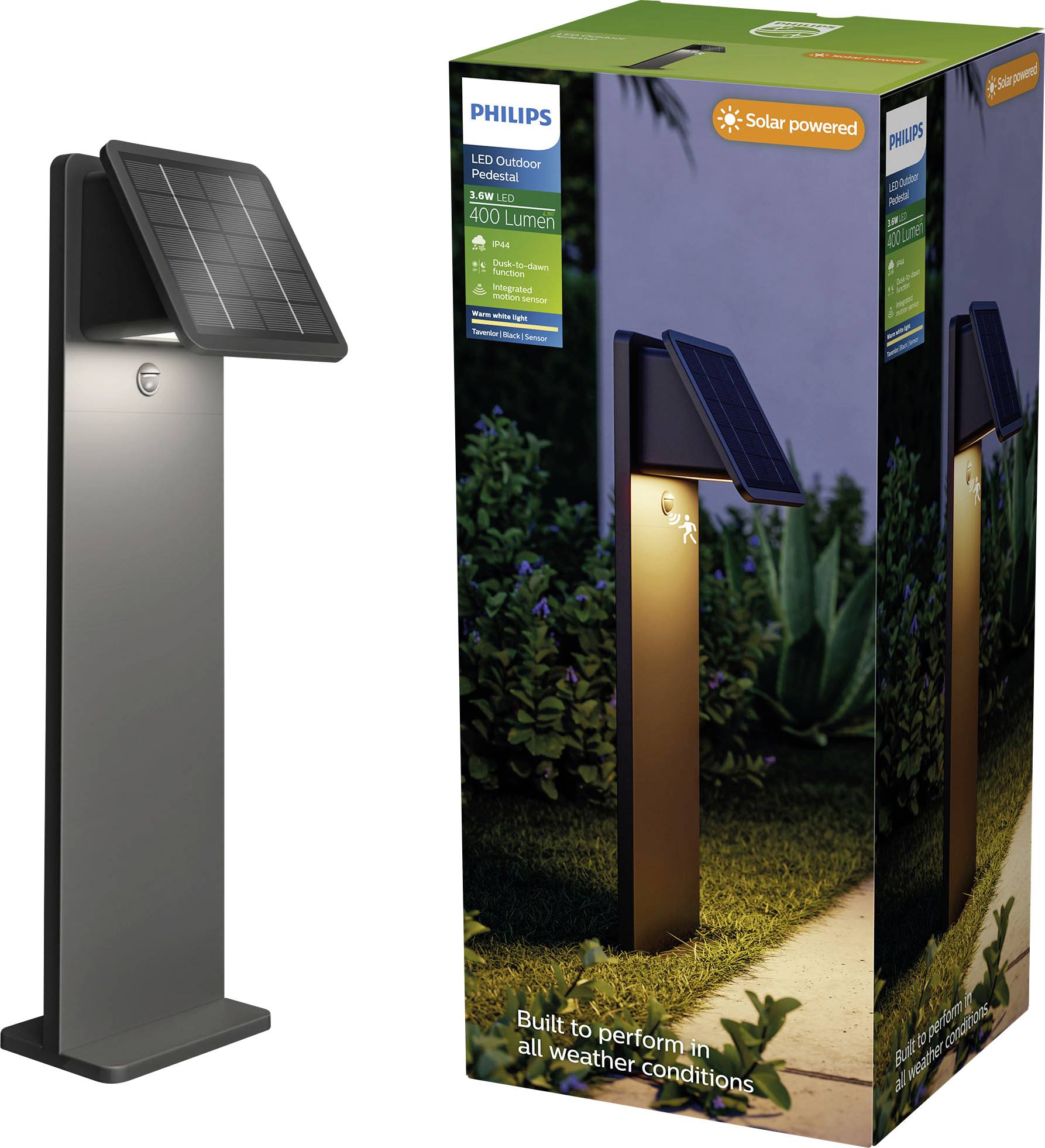 Philipsova solarnom energijom pogonjena LED vanjska pedestalska svjetiljka pored svoje kutije za proizvod, pokazujući elegantnu tamnu vrtnu svjetiljku s osvijetljenom pločom za osvjetljavanje vanjskih staza.