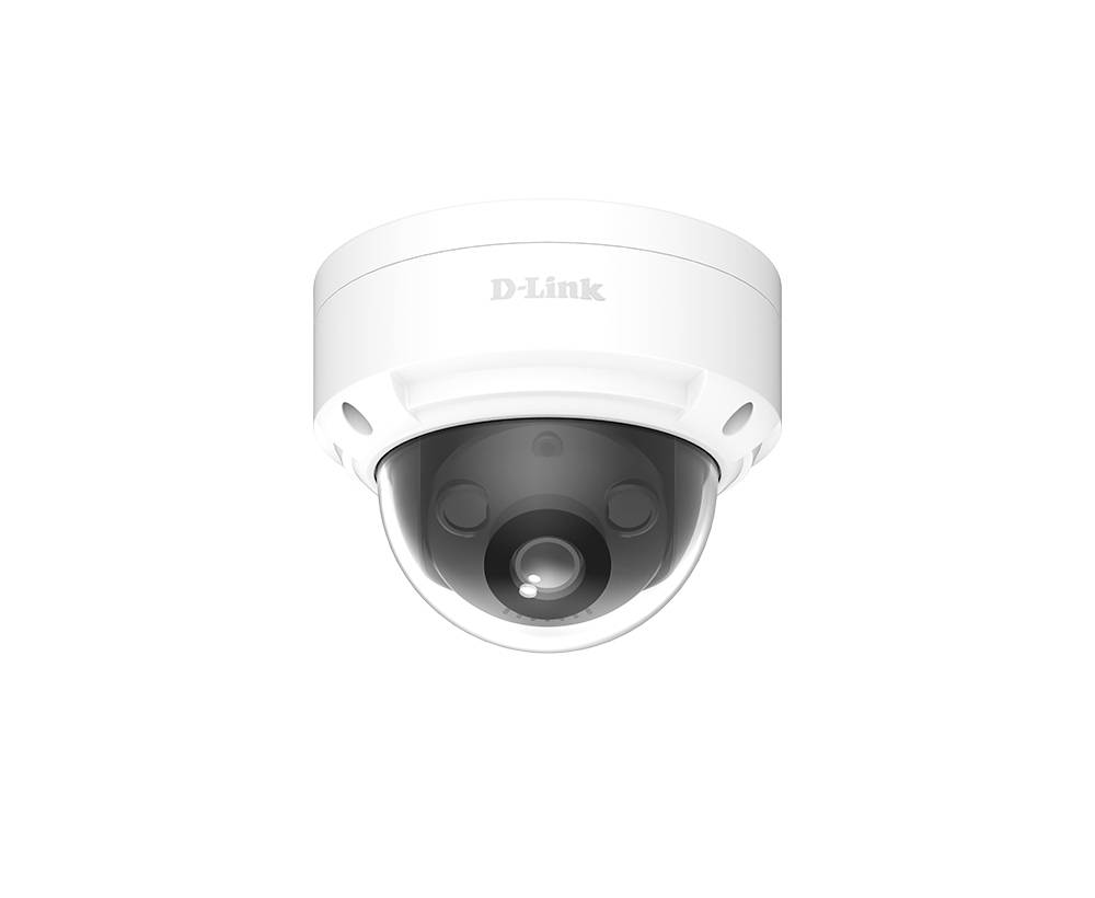 Sigurnosna kamera D-Link u bijeloj kupoli s tamnom kućištem sočiva, prikazana iz prednjeg prikaza na običnoj pozadini.
