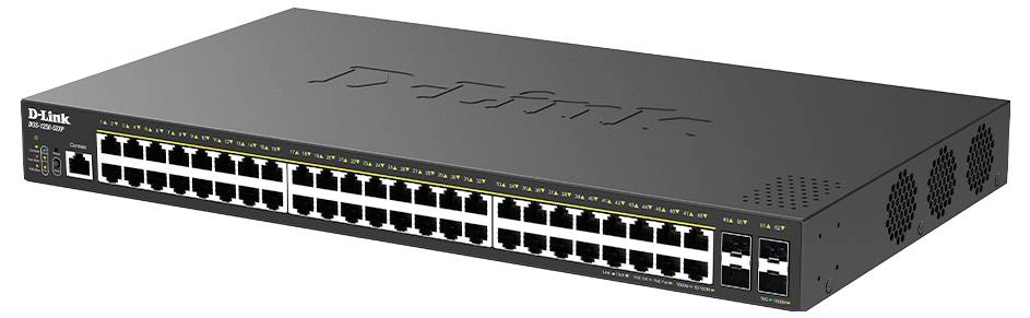 D-Link 48-portni Ethernet mrežni prekidač prikazan u pogledu pod kutom s redovima LAN priključaka i dva dodatna priključka na desnoj strani.