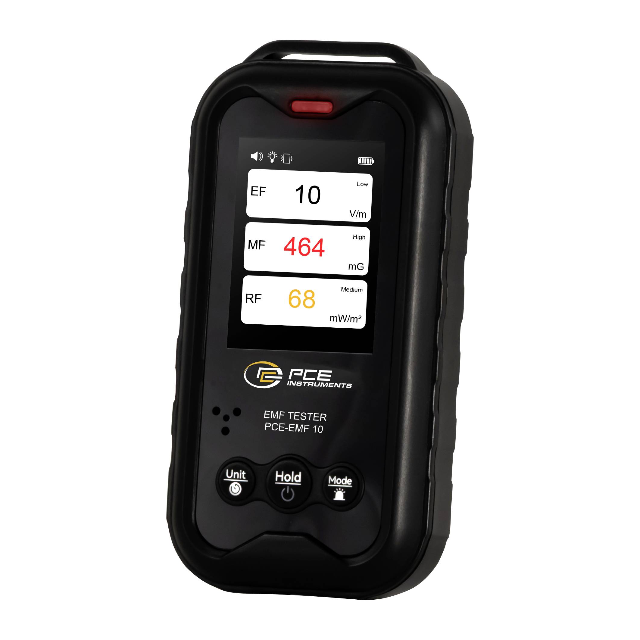 Prijenosni PCE EMF tester koji prikazuje EF 10 V/m, MF 464 mG i RF 68 mW/m² na zaslonu.