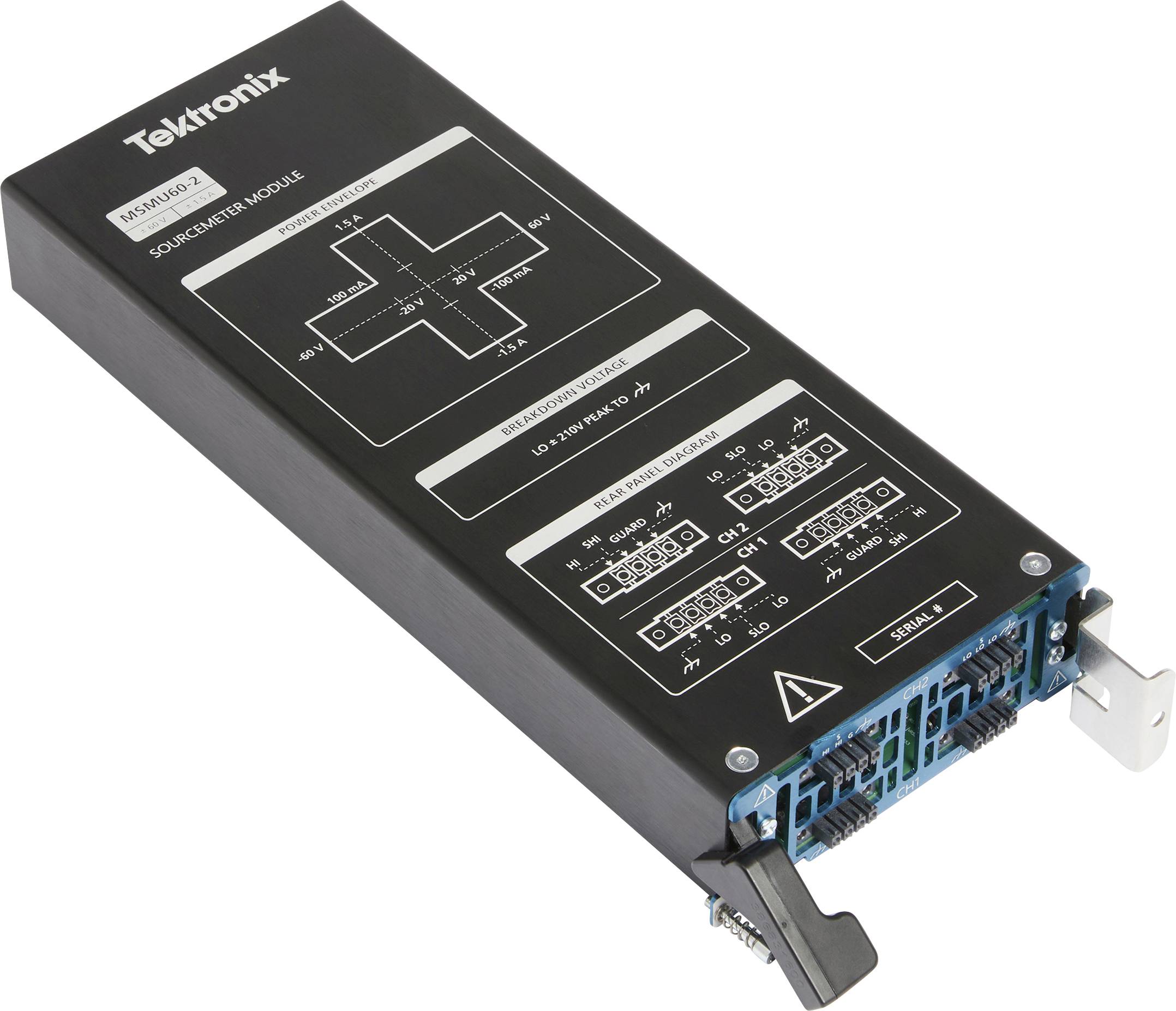 Tektronix modul za mjerenje izvora sa označenim dijagramom priključka na prednjoj ploči i terminalnim blokovskim portovima na crnoj instrumentalnoj kartici.