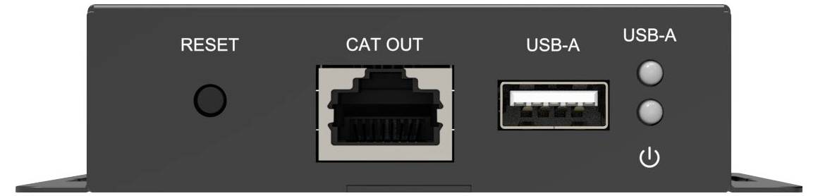 Detaljni prikaz prednje ploče uređaja s gumbom za resetiranje, CAT OUT Ethernet priključkom, USB-A priključkom, dva statusna LED-a i simbolom za napajanje.