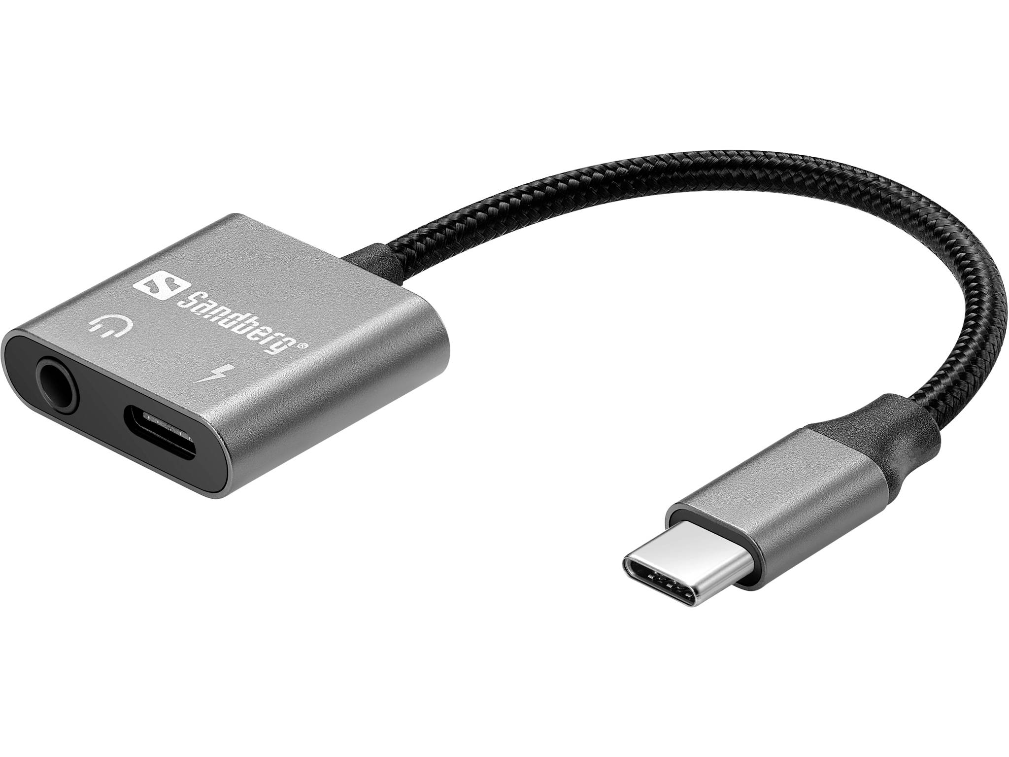 Pletenski USB-C adapter kabel s USB-C muški konektorom i dvostrukim audio plus priključkom za punjenje na kompaktnom metalnom hubu.