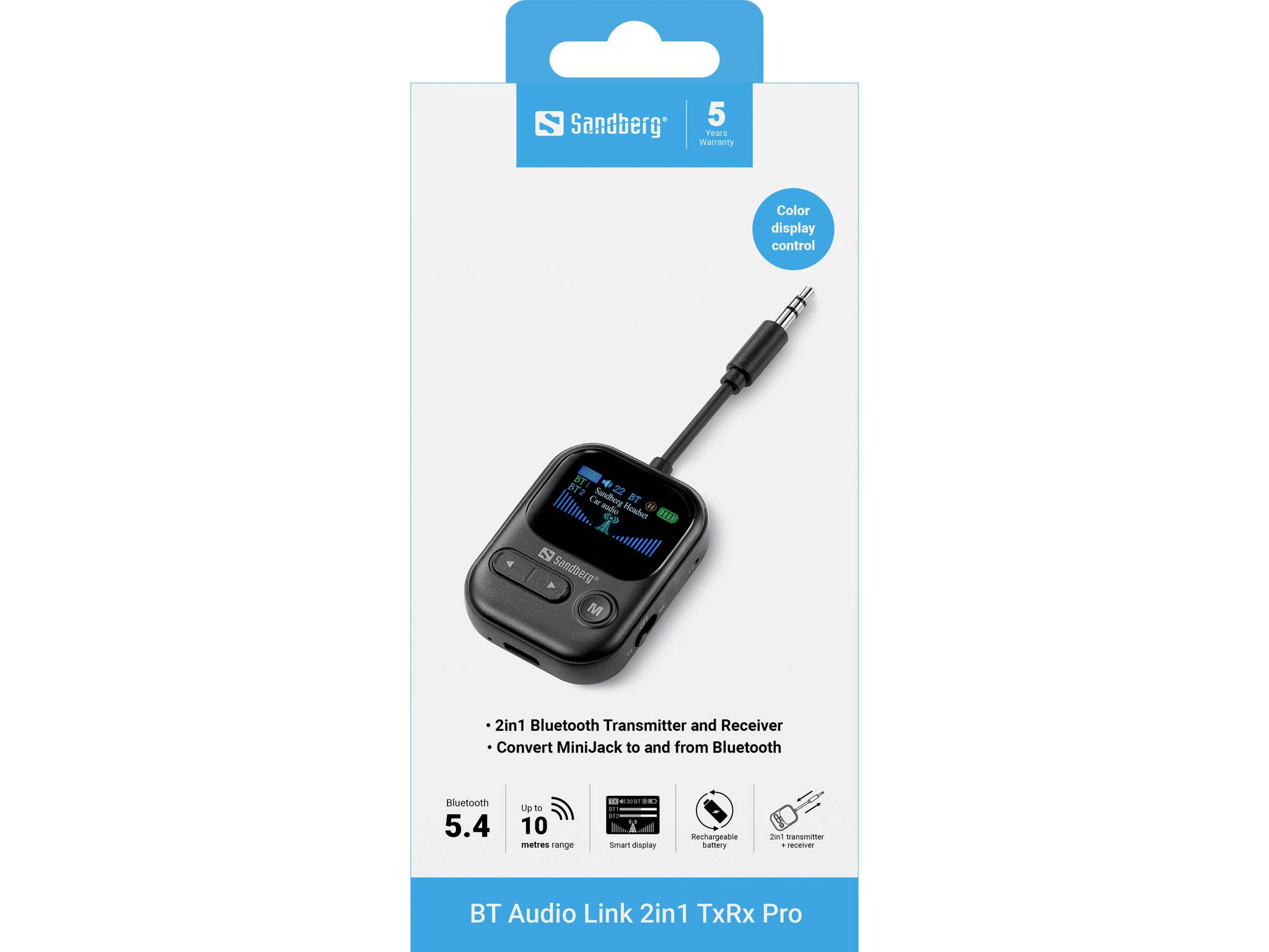 Ambalaža proizvoda za Sandberg BT Audio Link 2in1 TxRx Pro, koja prikazuje Bluetooth audio odašiljač/primač s displejom i podrškom za 5.0.