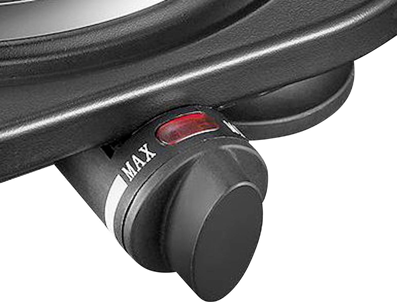 Detaljni prikaz crnog kontrolnog gumba s crvenim indikatorom i oznakom 'MAX' ispod sjedala ili osnove stolca.