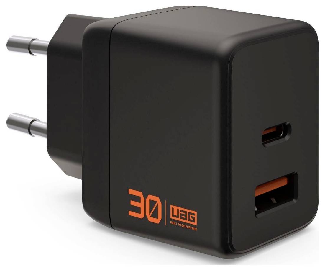 Crni zidni punjač s dva okrugla utikača i dva USB-C priključka, označen s '30' i 'USB', prikazan u prikazu proizvoda.