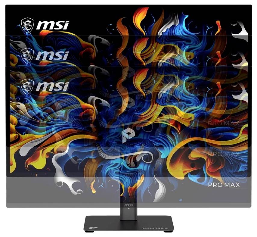 MSI gaming monitor s živahnom plavom, narančastom i crnom apstraktnom prikazom nalik na plamen i brendiranjem 'PRO MAX'.