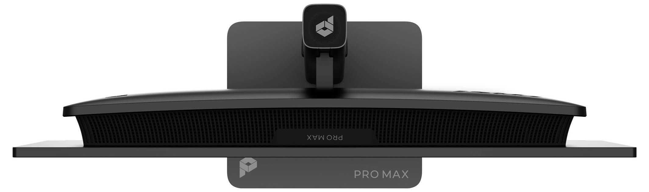 Frontalni pogled na Logitechovu Pro Max monitor web kameru sa širom lens trakom i centralnim klip nosačem, prikazanu na bijeloj pozadini.
