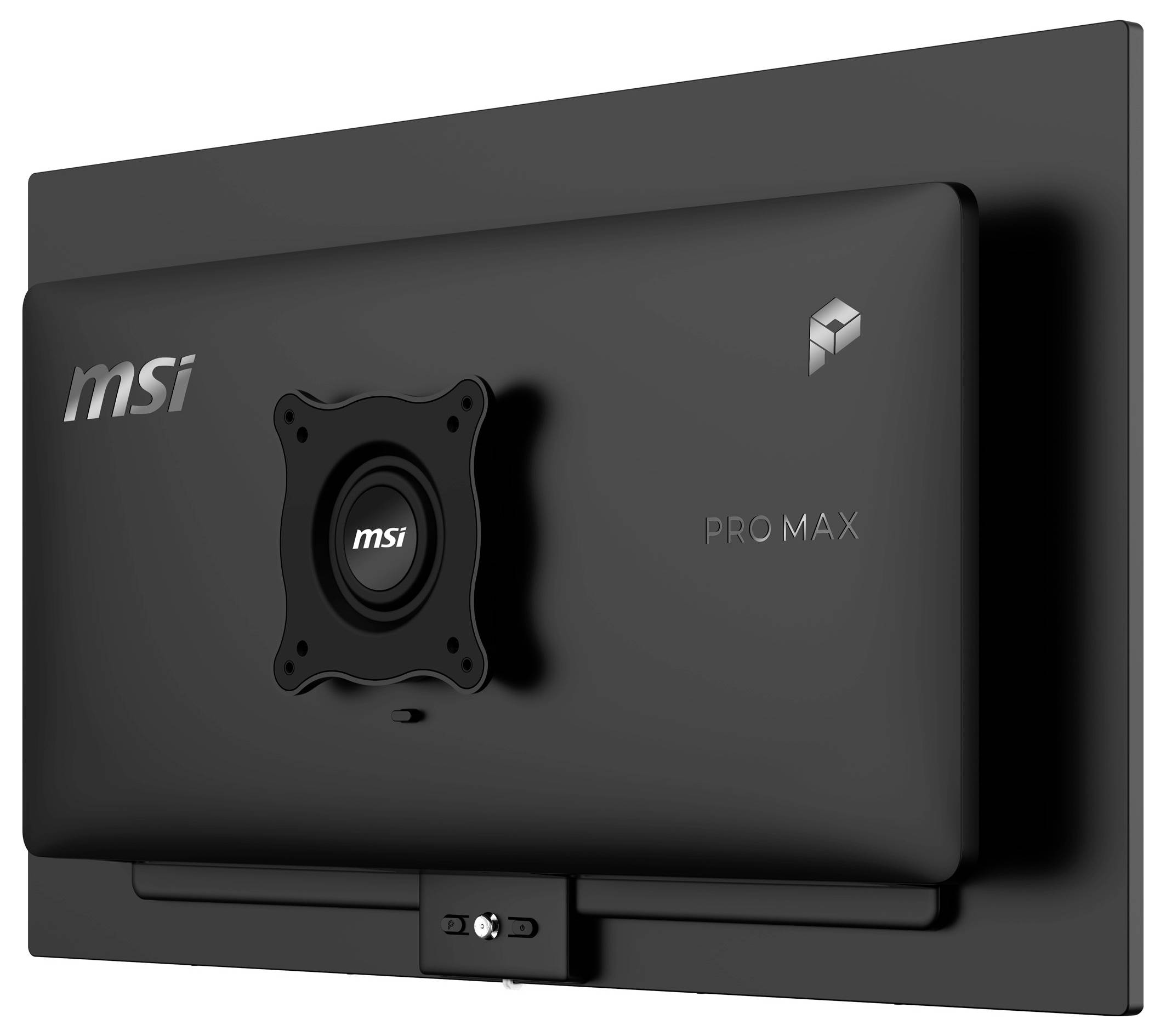 Stražnji pogled MSI Pro Max monitora s centralnom VESA nosačem i malim stražnjim I/O modulom.