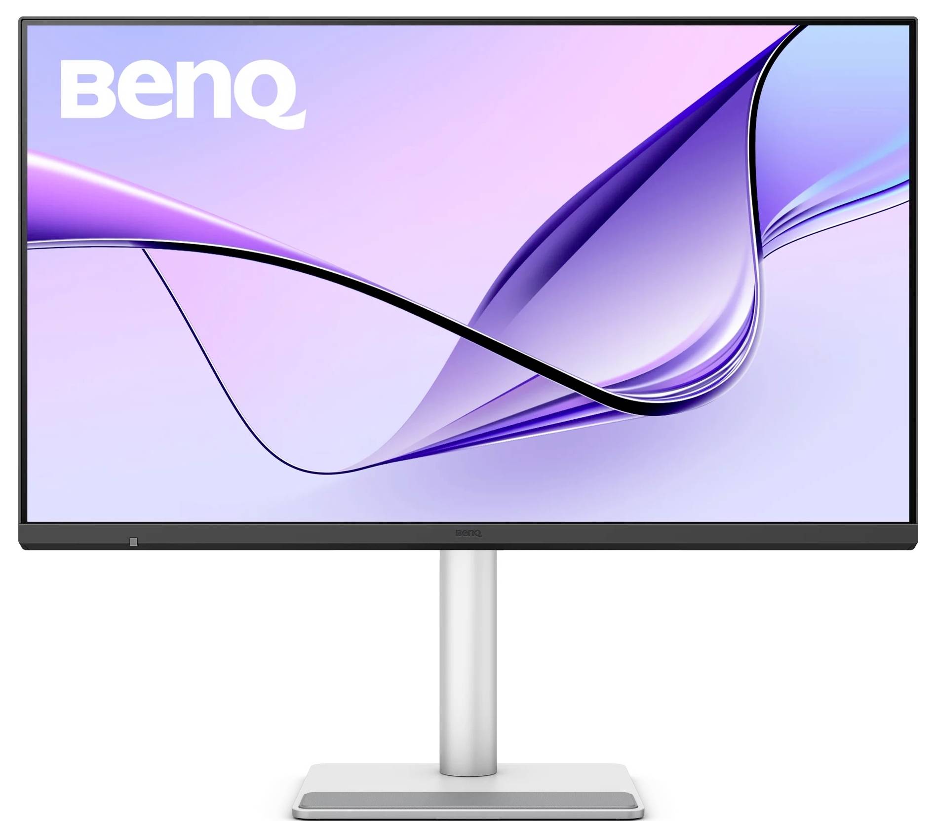 BenQ desktop monitor sa ljubičastom apstraktnom valnom pozadinom na stativu.