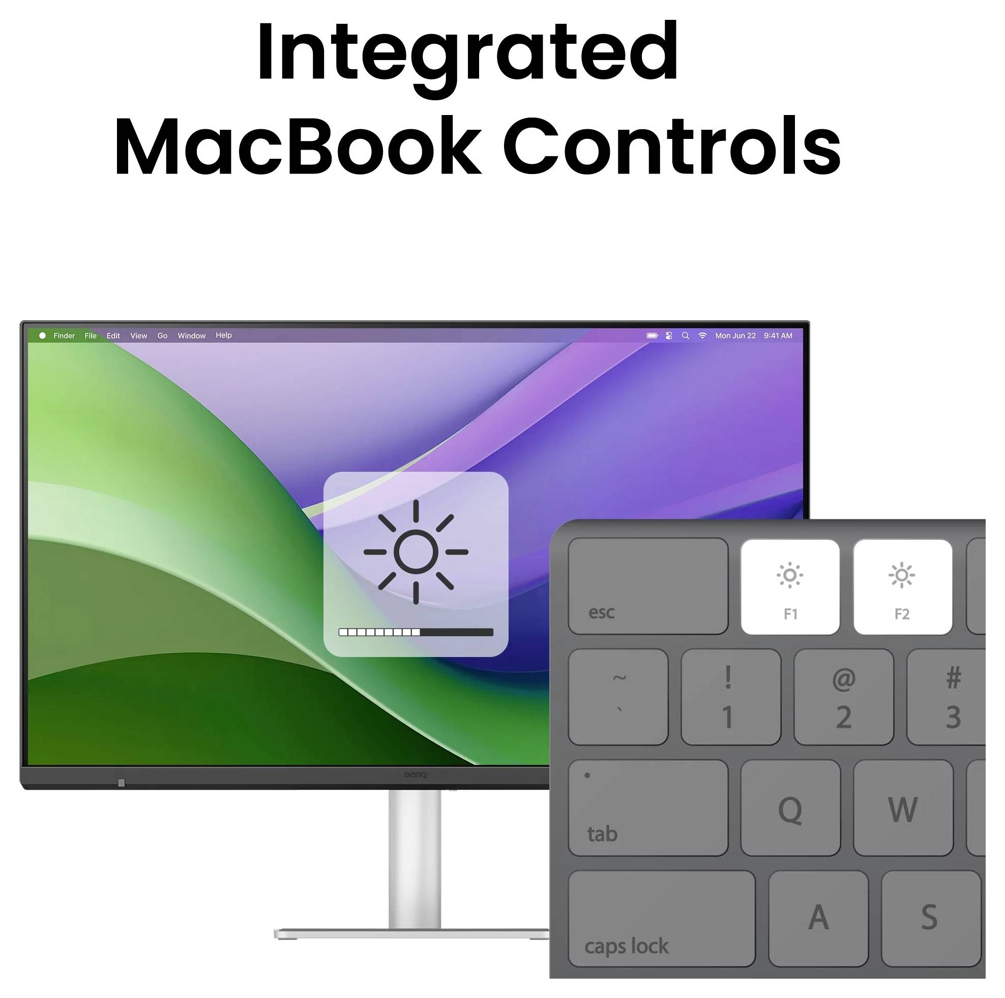 Grafika pod naslovom 'Integrirane MacBook kontrole' koja prikazuje MacBook zaslon s ikonom za svjetlinu na ekranu i detaljan prikaz tipkovnice s istaknurim funkcijskim tipkama.