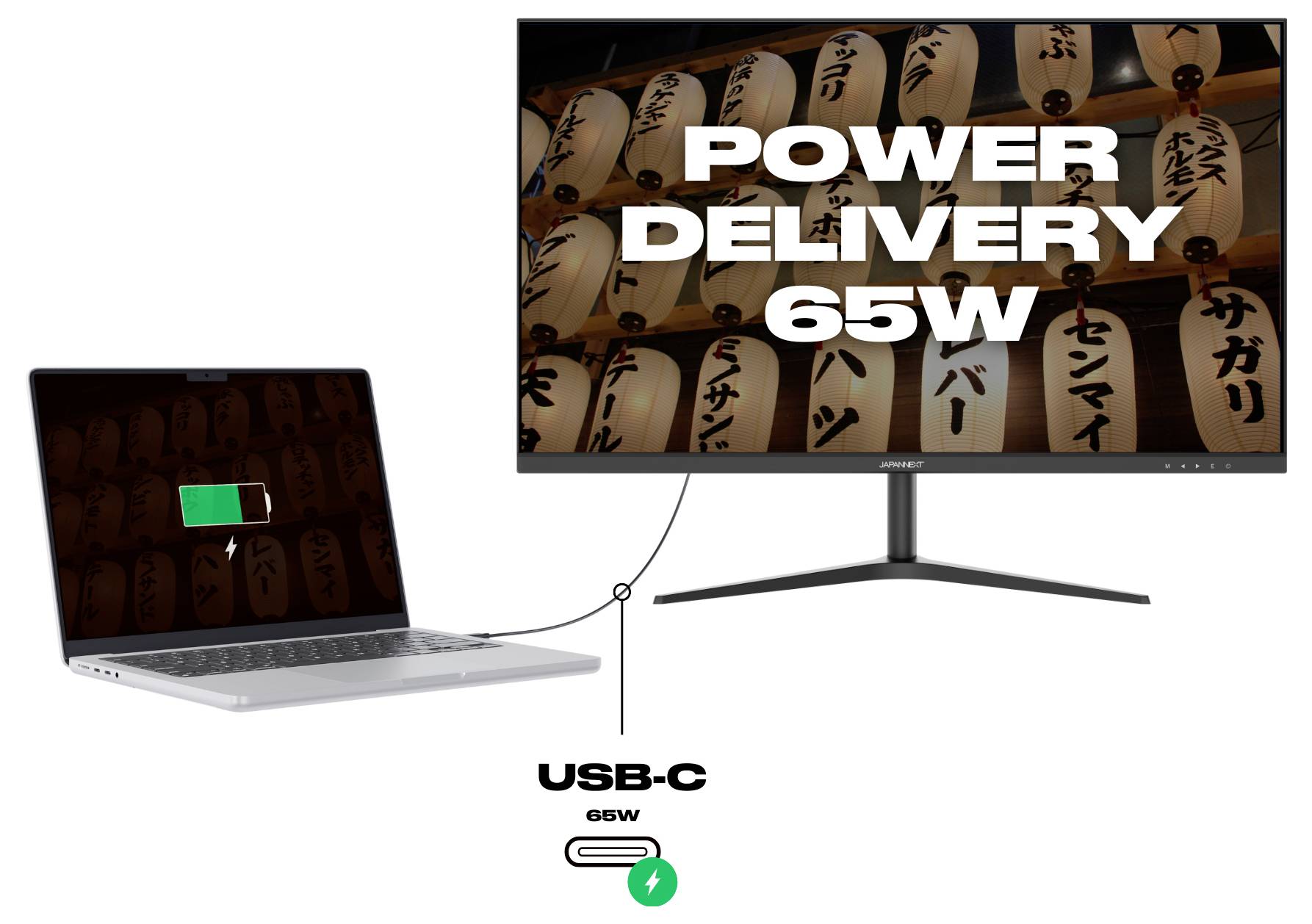 Prijenosno računalo spojeno na monitor putem USB-C, prikazuje 'ISPORUKA ENERGIJE 65W' i ukazuje na podršku za punjenje od 65W.