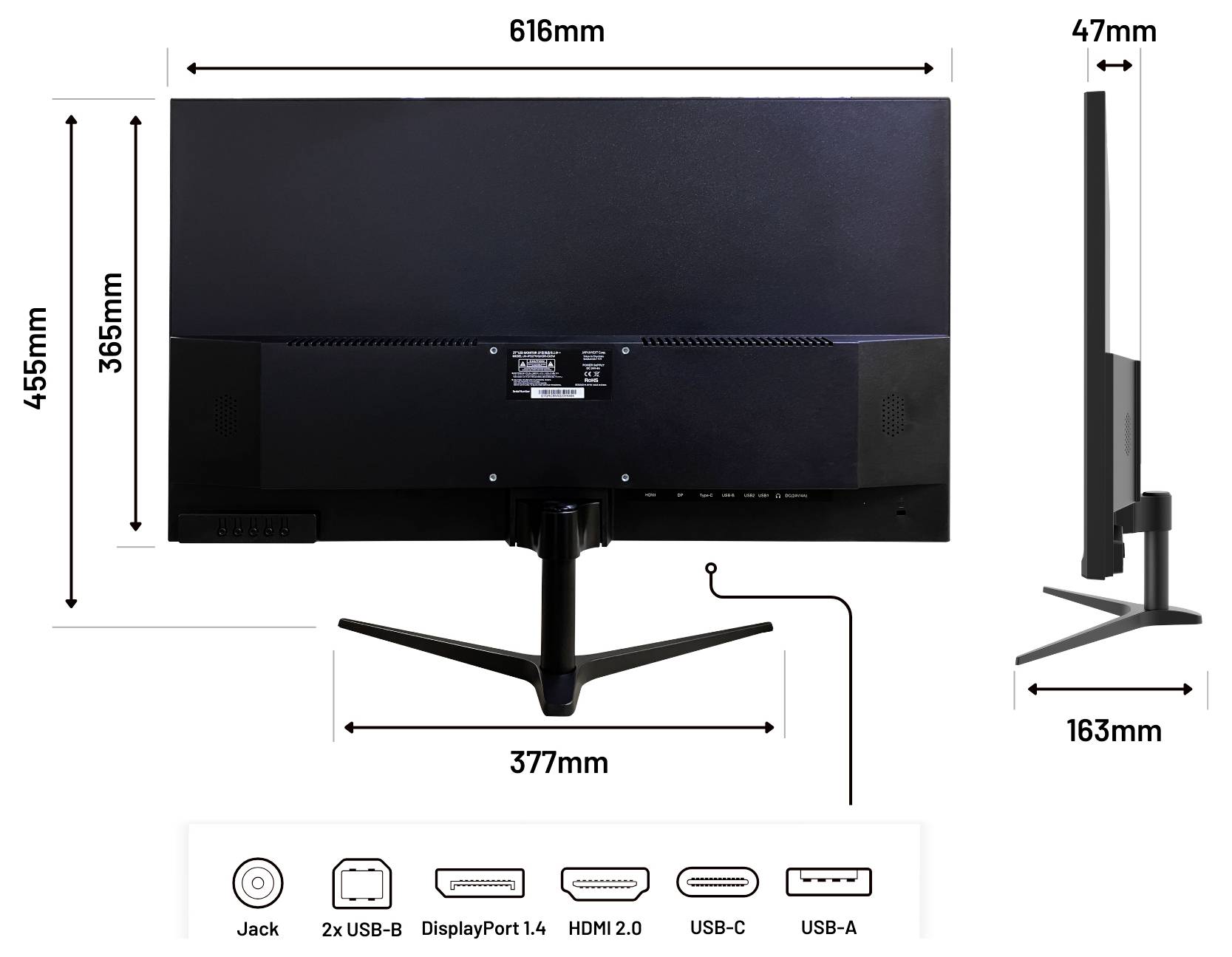 Pogled sa strane i bočni profil monitora s označenim dimenzijama: 616 mm širine, 455 mm visine, 47 mm dubine, 377 mm širine postamenta, 163 mm dubine baze, plus ikone portova za jack, 2x USB-B, DisplayPort 1.4, HDMI 2.0, USB-C i USB-A.