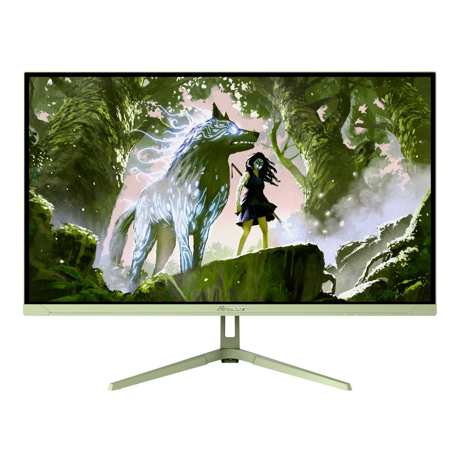 Zeleni monitor za igre prikazuje fantazijsku umetnost djevojčice pored sjajnog vuka u šumi