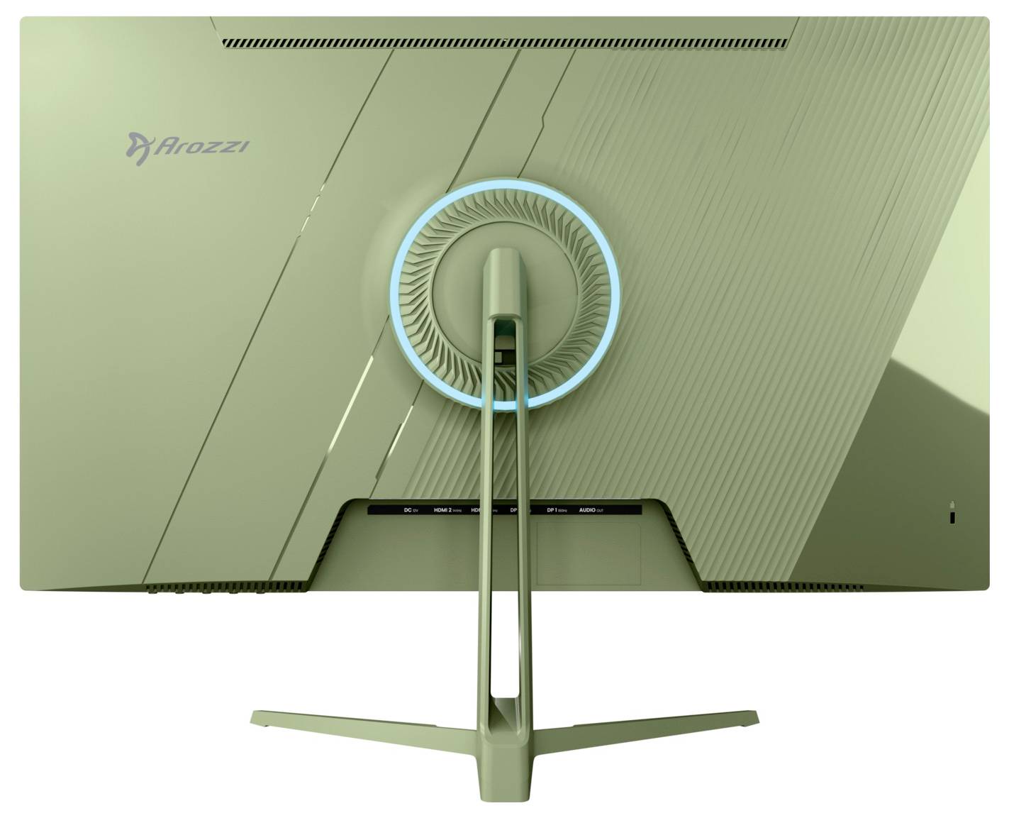 Pogled sa strane Arozzi gaming monitora s plavim LED prstenom oko nosača stalka i zelenom V-oblikovanom bazom.