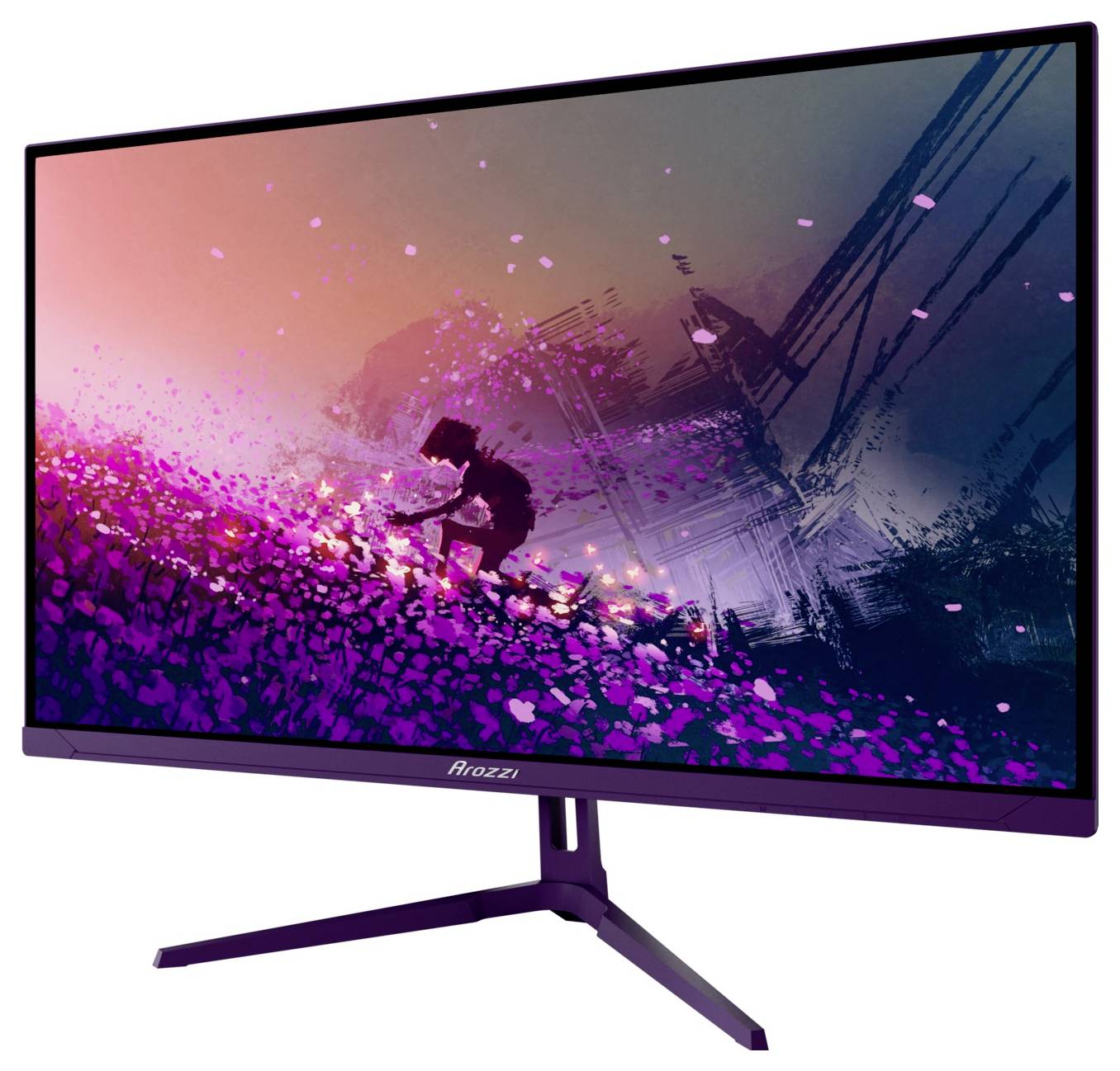 Zakrivljeni ljubičasti gaming monitor na postolju koji prikazuje živu ružičasto-plavu akcijsku scenu sa siluetom figure.