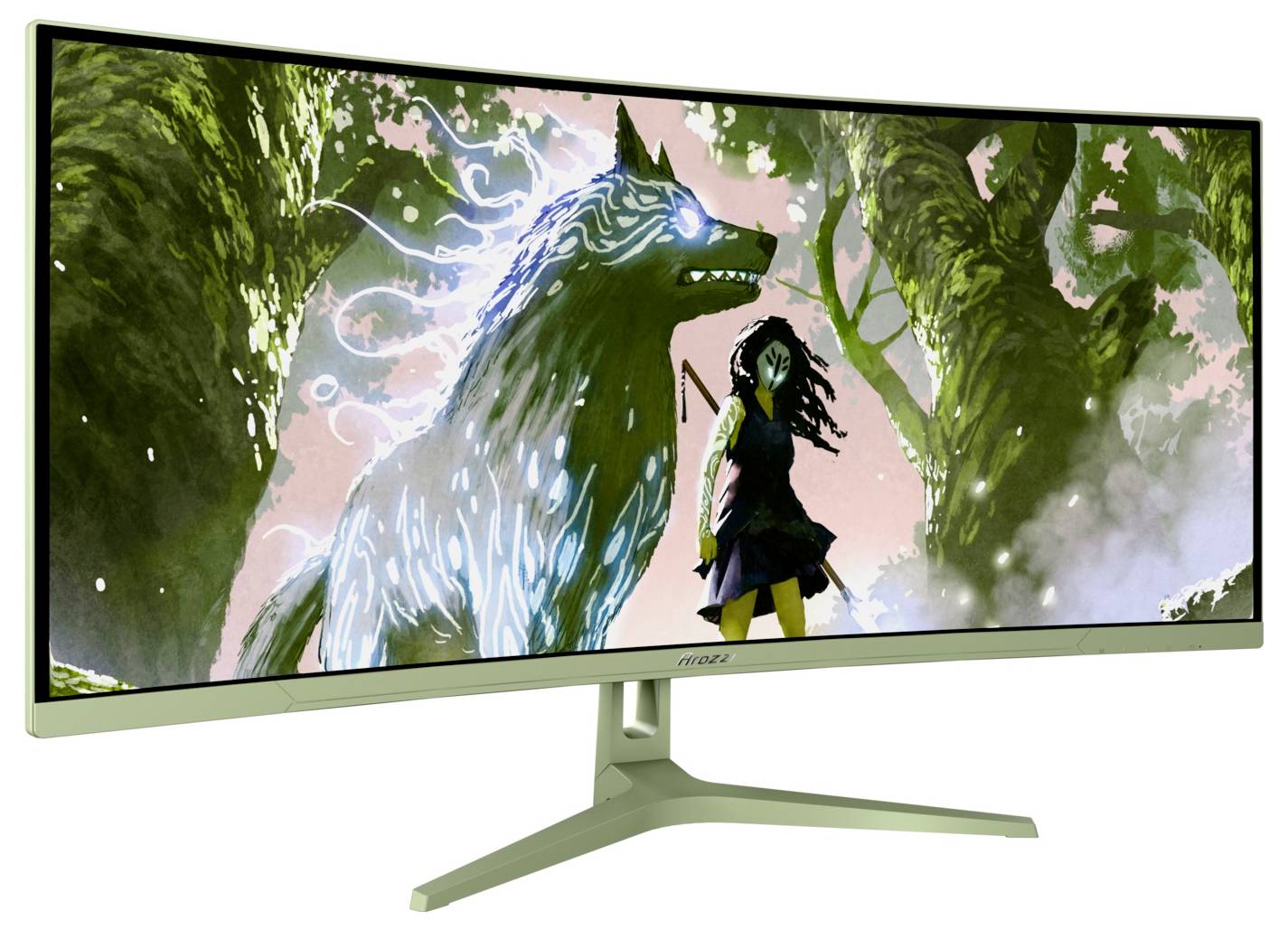 Zakrivljeni MSI monitor prikazuje scenu iz fantasy igre sa žarećim vukom i stajućim likom u šumi.