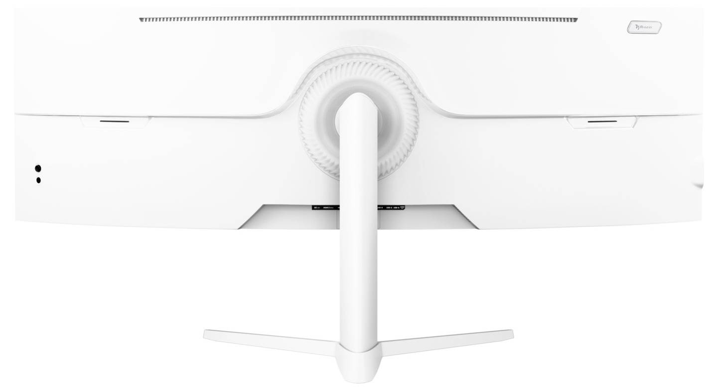 Pogled sa stražnje strane bijelog monitora za desktop na stalku, koji pokazuje centralnu osloncu i područje pristupa kablima.