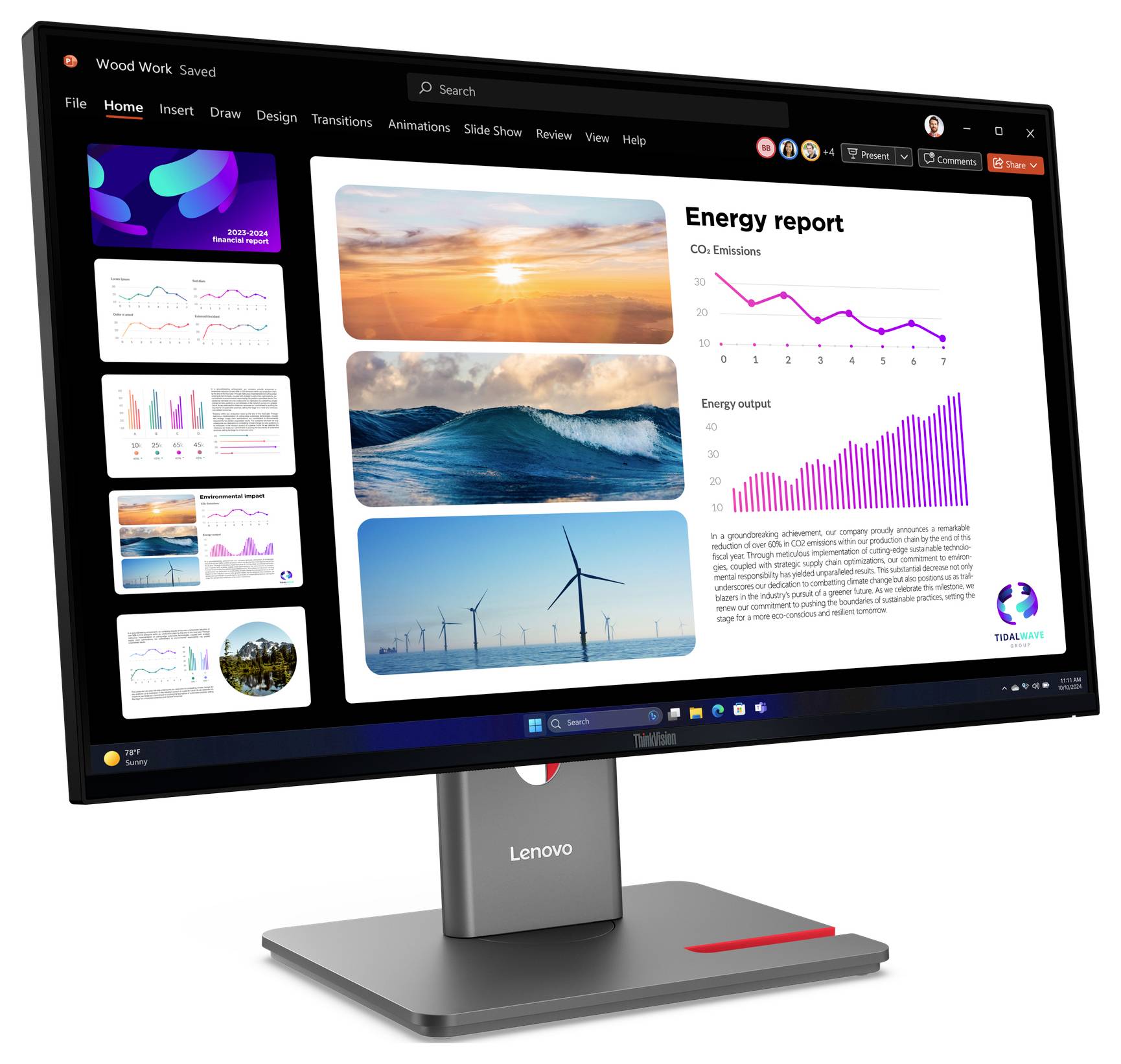 Lenovo monitor prikazuje editor prezentacija sa slajdom "Izvješće o energiji" koji prikazuje fotografije obnovljive energije te grafikone CO2 i proizvodnje energije.