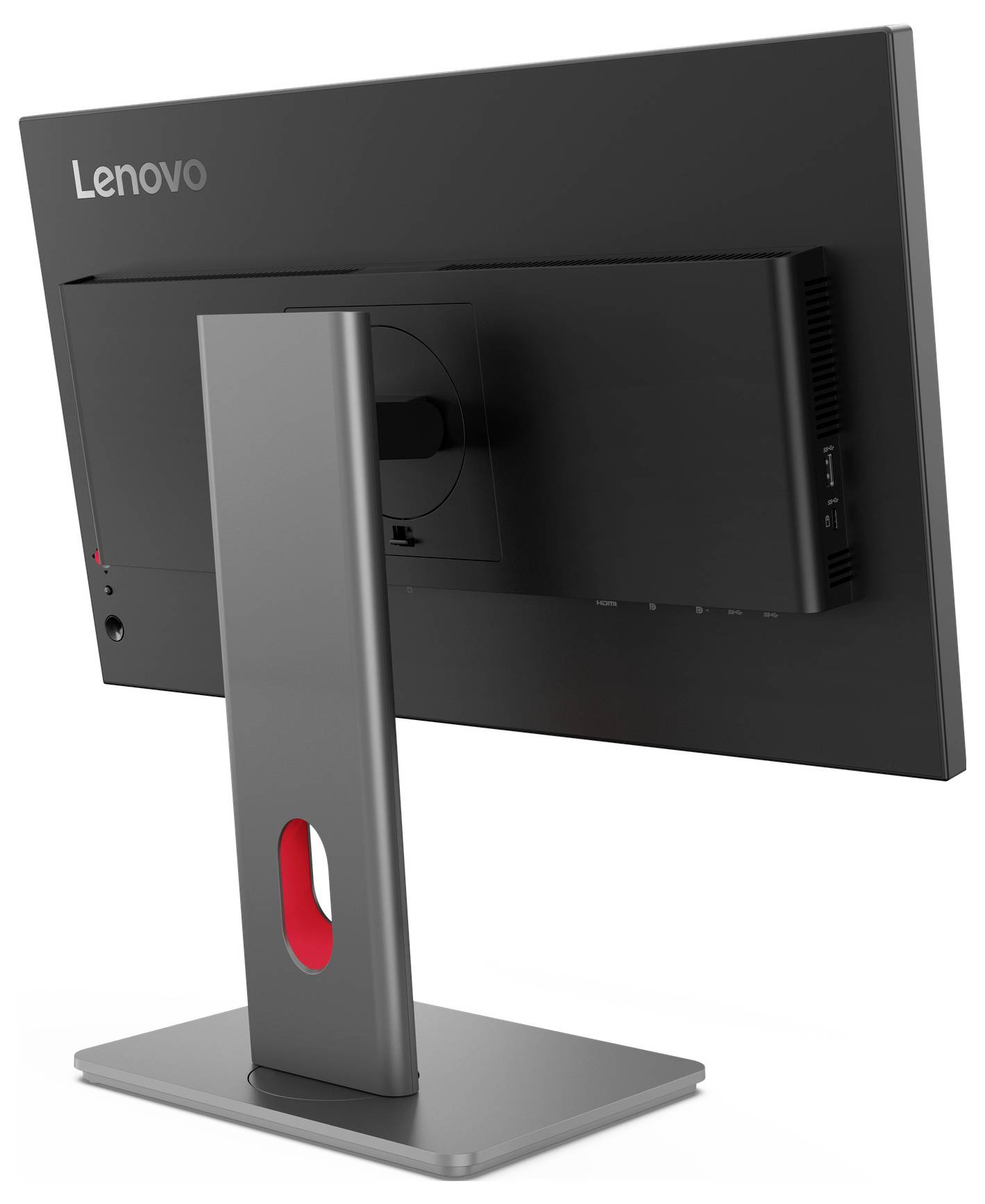 Stražnji pogled na Lenovo desktop monitor na postolju, prikazujući stražnju ploču, priključke za kablove i prilagodljivu montažu.