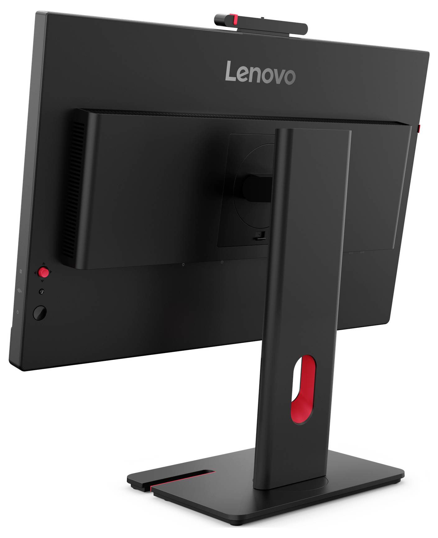 Pogled s poleđine Lenovova All-in-One desktop monitora na crnom prilagodljivom postolju s crvenim akcentima, prikazujući stražnju ploču i utor za upravljanje kabelima.