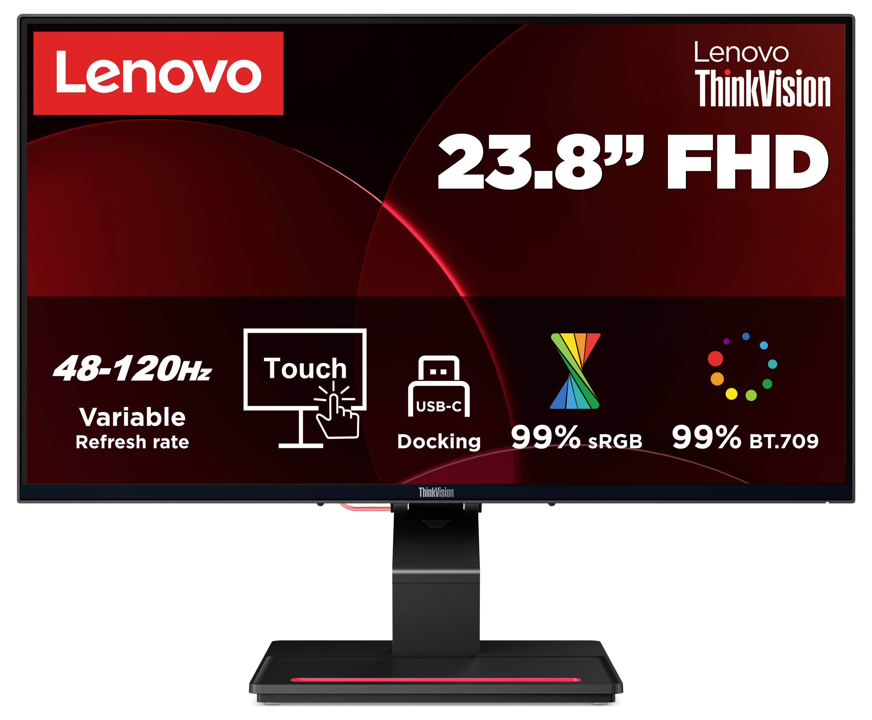 Lenovo ThinkVision monitor od 23,8 inča s FHD rezolucijom, osjetljivom zaslonom, USB-C dokingom, promjenjivom stopom osvježavanja 48-120Hz, 99% sRGB i 99% BT.709.