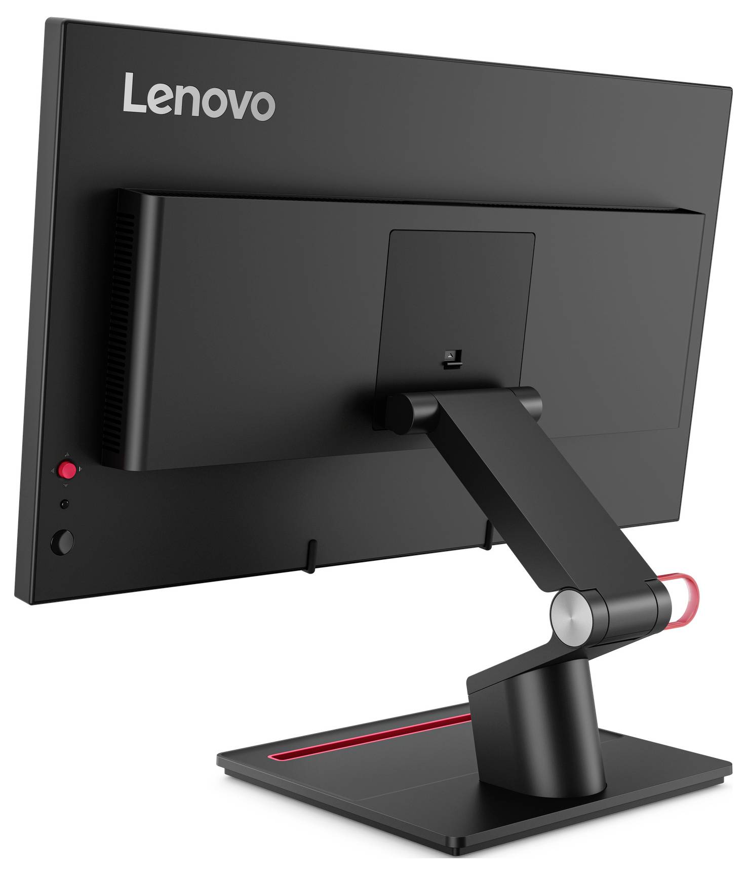 Pogled s leđa Lenovo all-in-one desktop monitora na postolju, prikazujući podesivog pantografa i dizajn usmjeravanja kabela.
