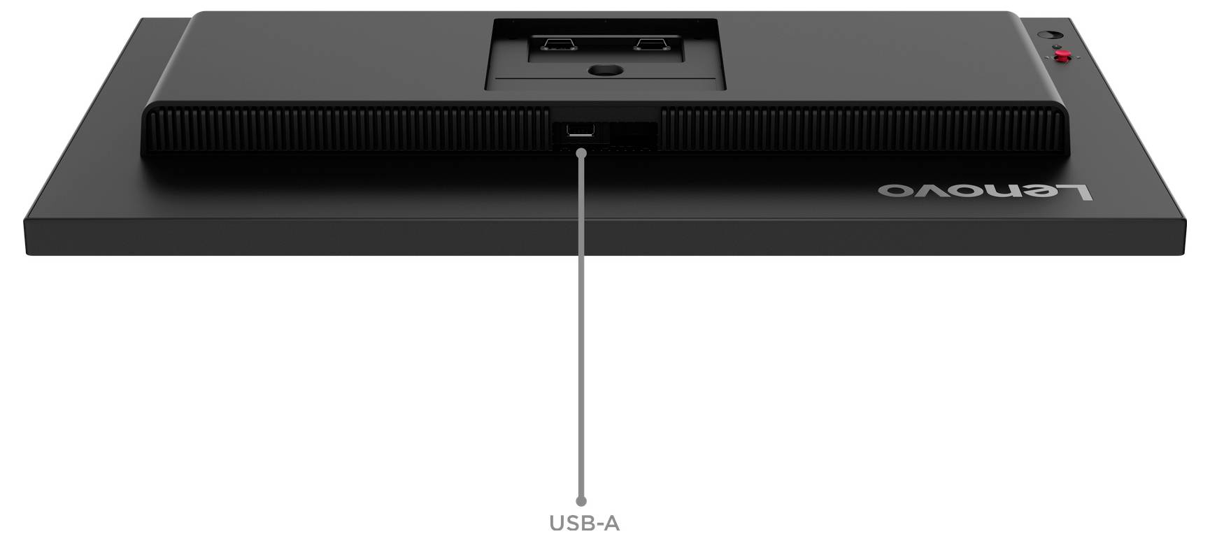 Stražnji pogled na Lenovo monitor koji pokazuje centralno smješteni USB-A port s povezanim kabelom.