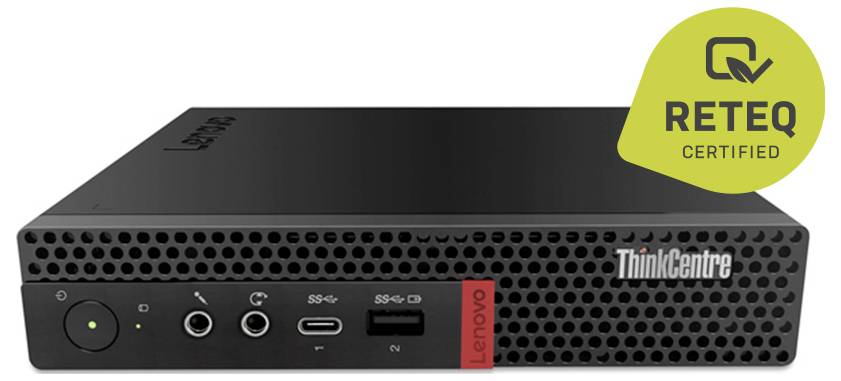 Prednji pogled Lenovo ThinkCentre mini stolnog računala s gumbom za napajanje, audio utičnicama, USB-C, USB priključcima i RE-TEQ certifikacijskim znakom.