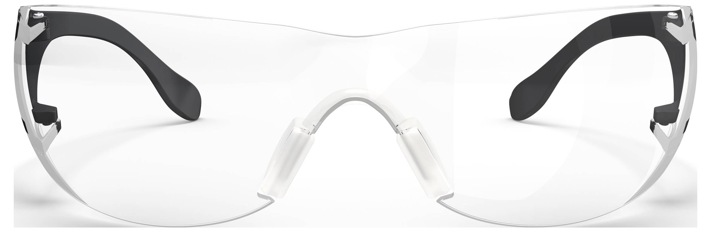 Zaštitne naočale sa prozirnim staklima, crnim trakama za temple i bijelim nosnim mostom na bijeloj pozadini.