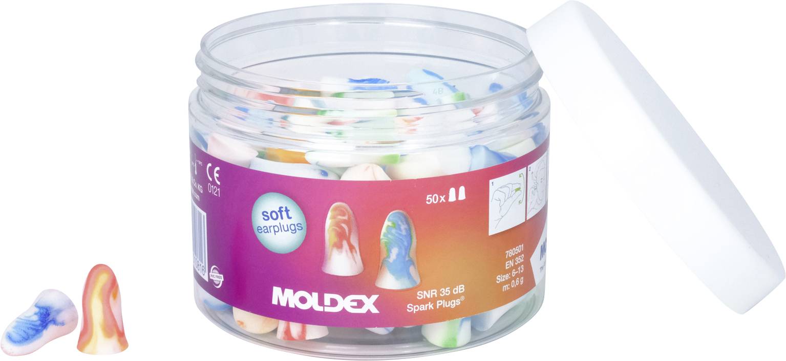 Otvorena staklenka Moldex Spark Plugs čepića za uši s šarenim pjenastim čepićima i prozirnim poklopcem pored nje