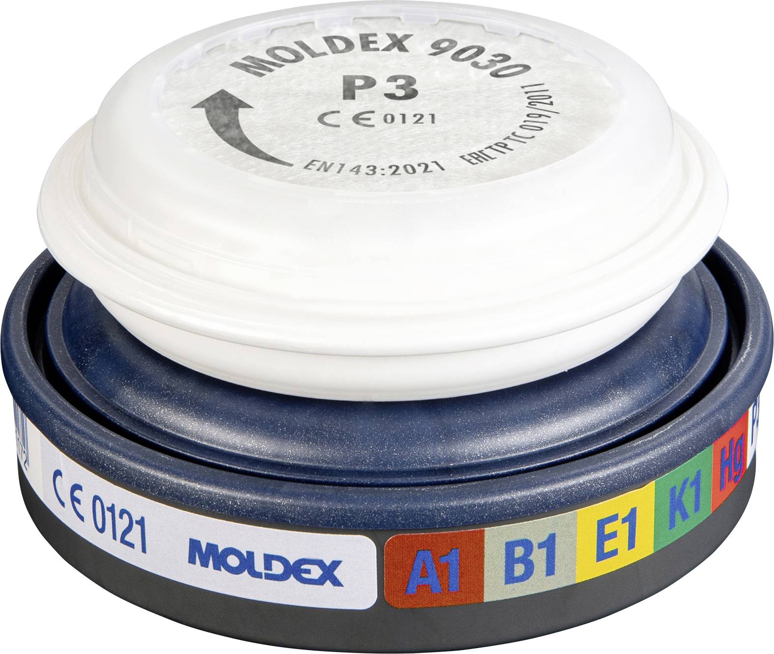 Moldex P3 filtar za masku za disanje s bijelom kapom i obojenima oznakama A1, B1, E1, K1 na tamnoj bazi.