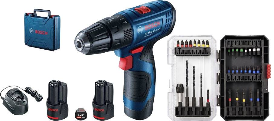 Bosch bežični komplet bušilica sa kutijom za nošenje, dvije baterije, punjač, svrdla za bušenje i dodatne bitove u kutijama za pohranu.