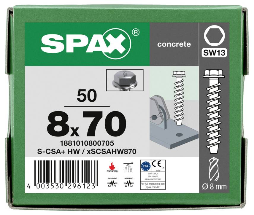 SPAX kutija betonskih vijaka, označena 8x70, SW13, i 50 komada, sa dijagramima proizvoda i ikonama za instalaciju.