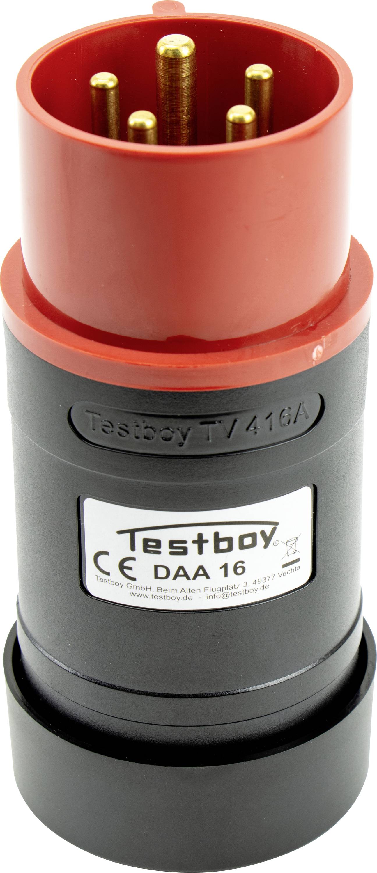 Crveni industrijski električni konektor s više zlatnih kontakata, označen 'Testboy DAA 16', prikazan u detaljnom prikazu na bijeloj pozadini.