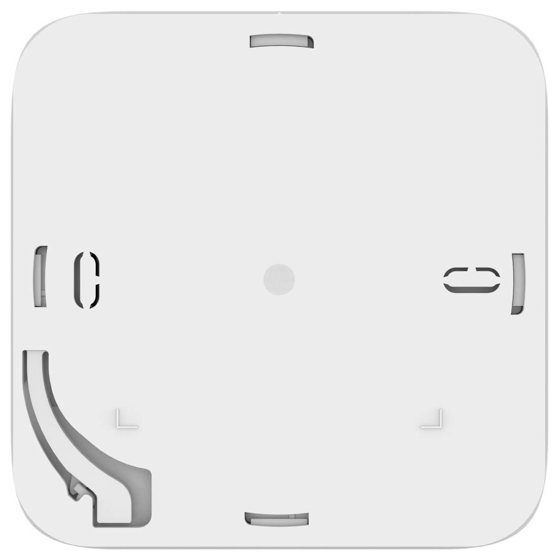 Bijela kvadratna plastična montažna ploča sa centralnom rupom i utorima na rubovima, prikazana prednji pregled na običnoj pozadini.