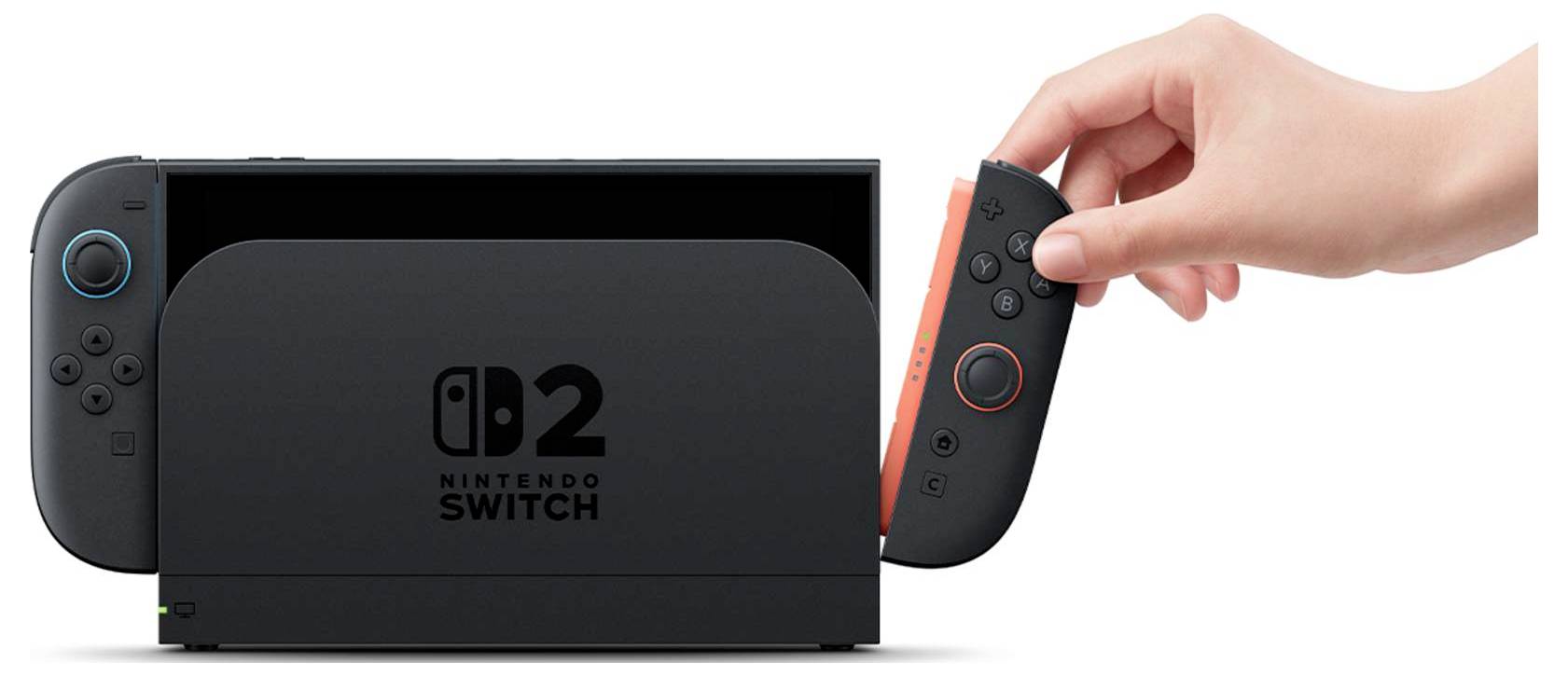 Nintendo Switch konzola u dokovnoj stanici s pokrivenim ekranom, ruka koja drži Joy-Con kontroler uz nju na bijeloj pozadini.