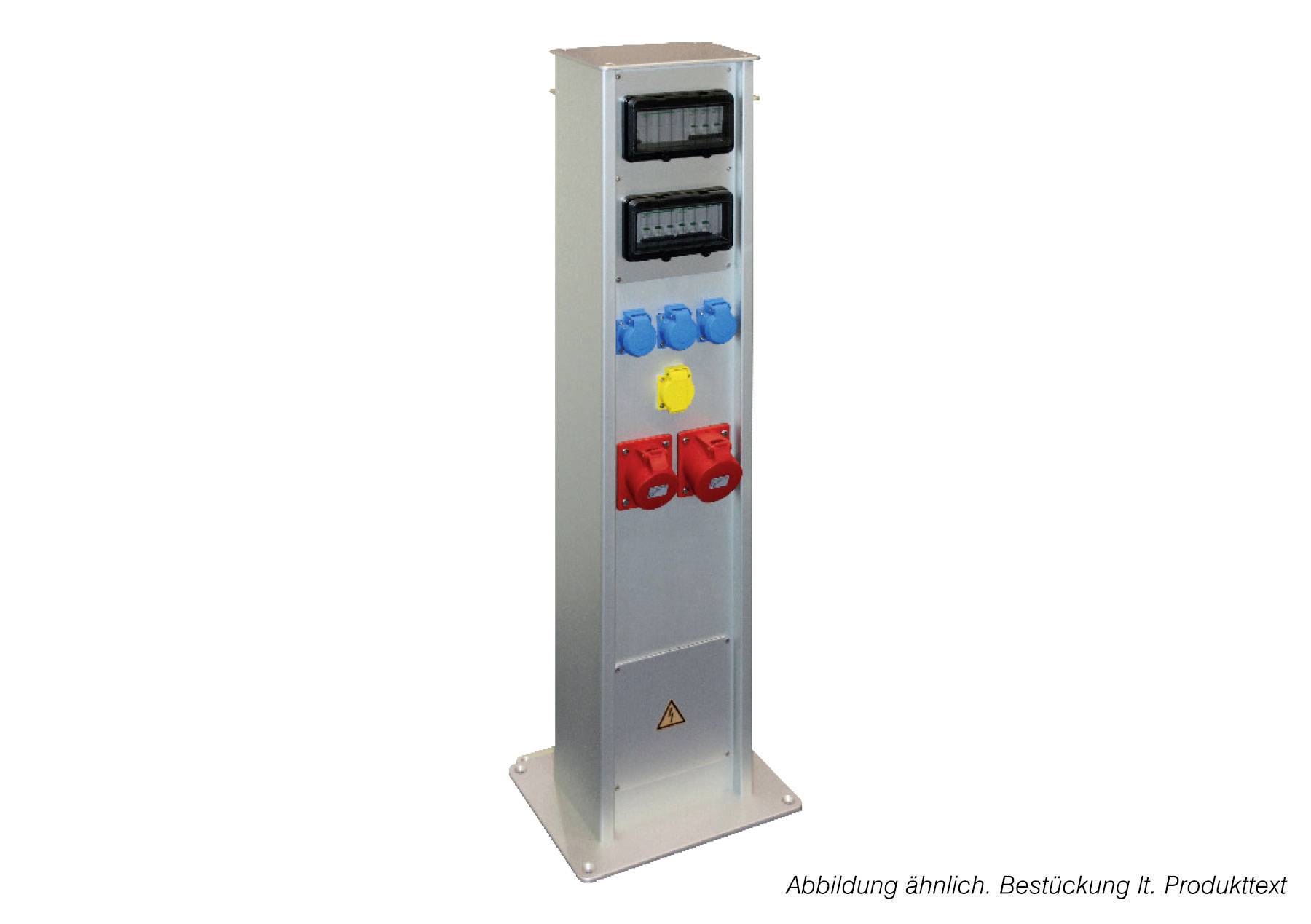 Visoki metalni pedestal za elektrodistribuciju s dva brojača i višestrukim plavim, žutim i crvenim utičnicama na prednjoj ploči.