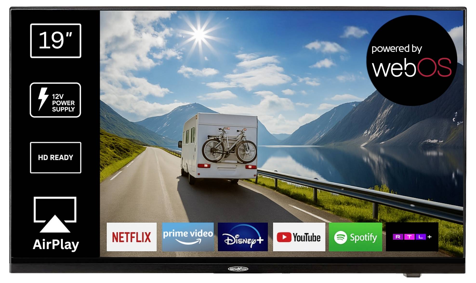 19-inčni pametni TV prikazan sa značkama funkcija za napajanje od 12V, HD Ready i AirPlay, plus logoti "powered by webOS" i aplikacija za streaming.