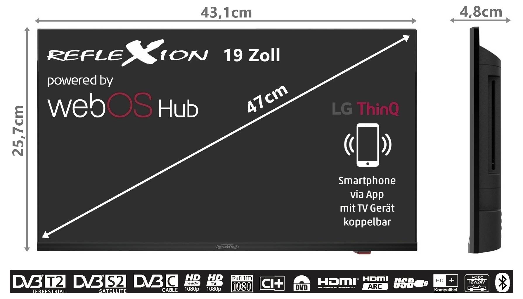 Crni 19-inčni paket TV-a Reflexion prikazan sprijeda i sa strane, sa dimenzijama 43,1 cm širine, 25,7 cm visine, 4,8 cm dubine, i ikonama značajki za DVB-T2/S2/C, HD, CI+, DVD, HDMI, USB, i Bluetooth.